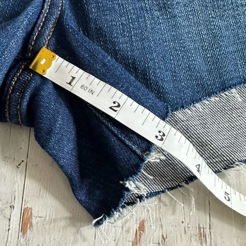 L’AGENCE Audrey Mid Rise Blue Denim Raw Hem Fray Short Size 25